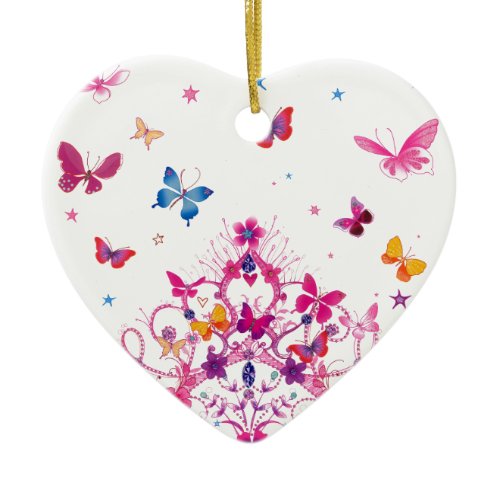 Colorful Flying Butterflies with Crown Art Print Ceramic Ornament