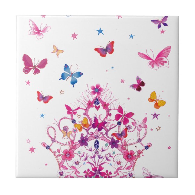 Colorful Flying Butterflies with Crown Art Print Ceramic Tile (Front)