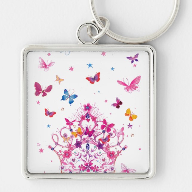 Colorful Flying Butterflies with Crown Art Print Keychain (Front)