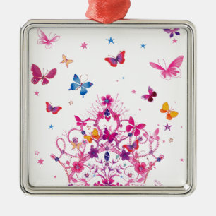 Colorful Flying Butterflies with Crown Art Print Metal Ornament