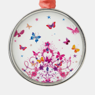 Colorful Flying Butterflies with Crown Art Print Metal Ornament