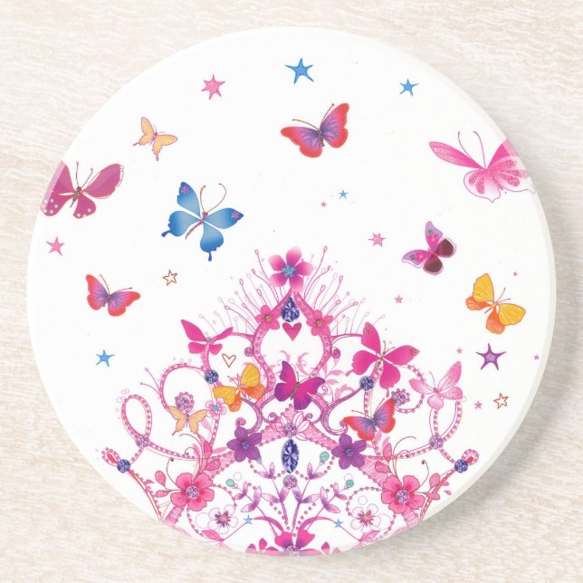 Colorful Flying Butterflies with Crown Art Print Sandstone Coaster (Front)