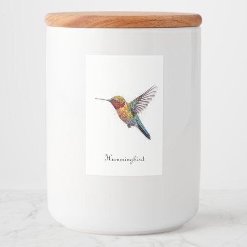 Colorful flying hummingbird pointillism too food label
