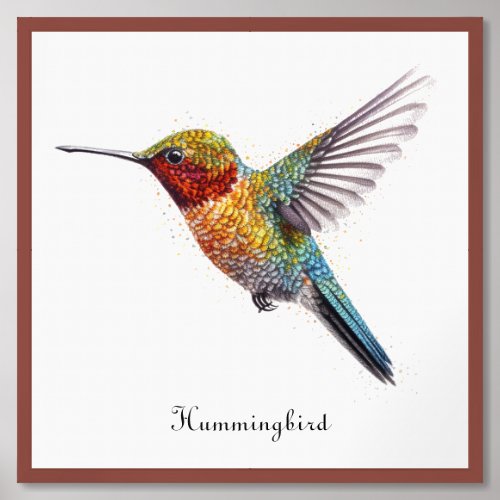 Colorful flying hummingbird pointillism too framed art