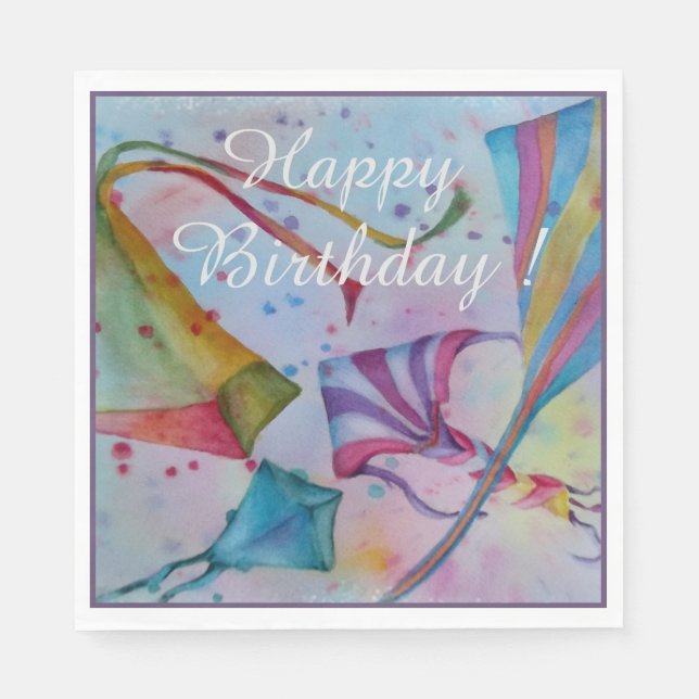 Colorful Flying Kites Happy Birthday Party Napkins (Front)