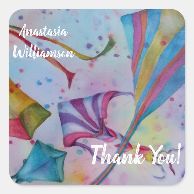 COLORFUL FLYING KITES THANK YOU SQUARE STICKER (Front)