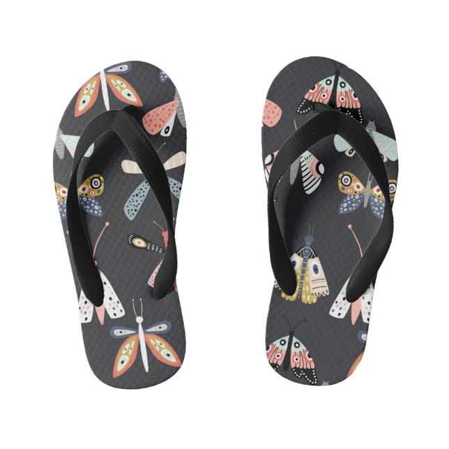 Colorful flying moth butterflies kid's flip flops (Footbed)