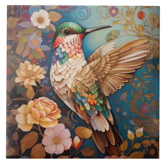 Colorful Flying Patterned Hummingbird Ceramic Tile (Front)