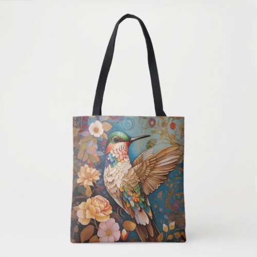 Colorful Flying Patterned Hummingbird Tote Bag