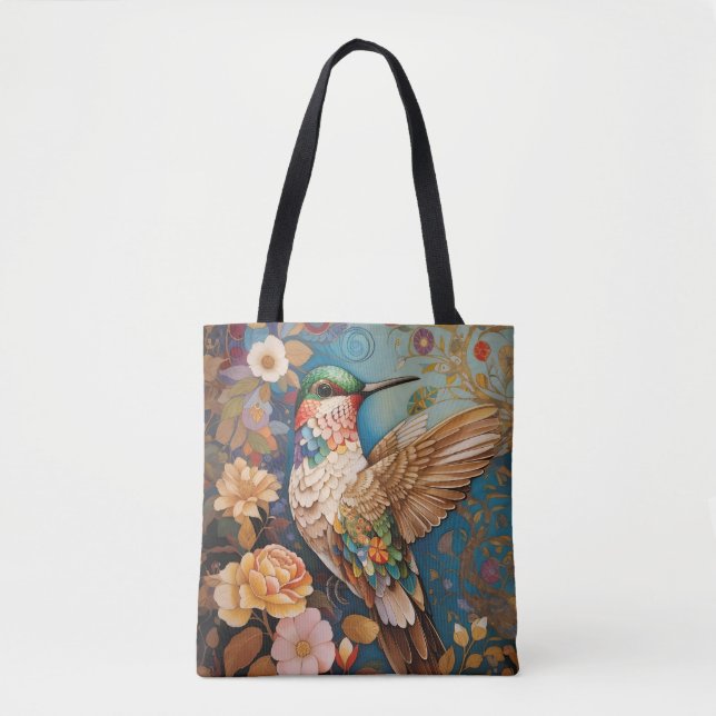 Colorful Flying Patterned Hummingbird Tote Bag (Front)