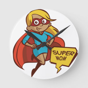 Colorful Flying Super Mom Round Clock