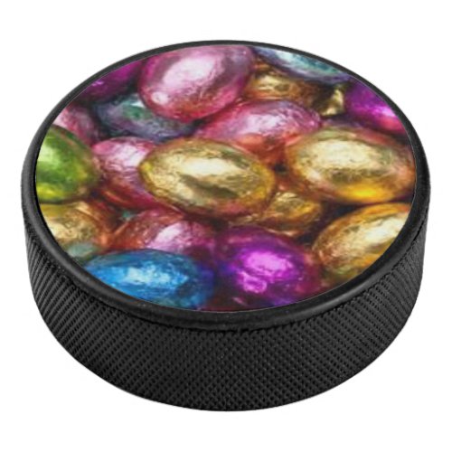 colorful foil chocolate Easter eggs Hockey Puck