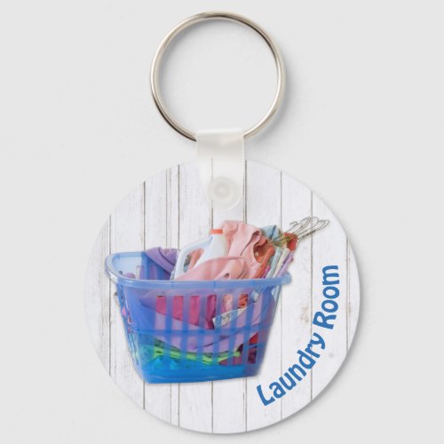 Colorful Folded Laundry On Hangers In Blue Basket  Keychain