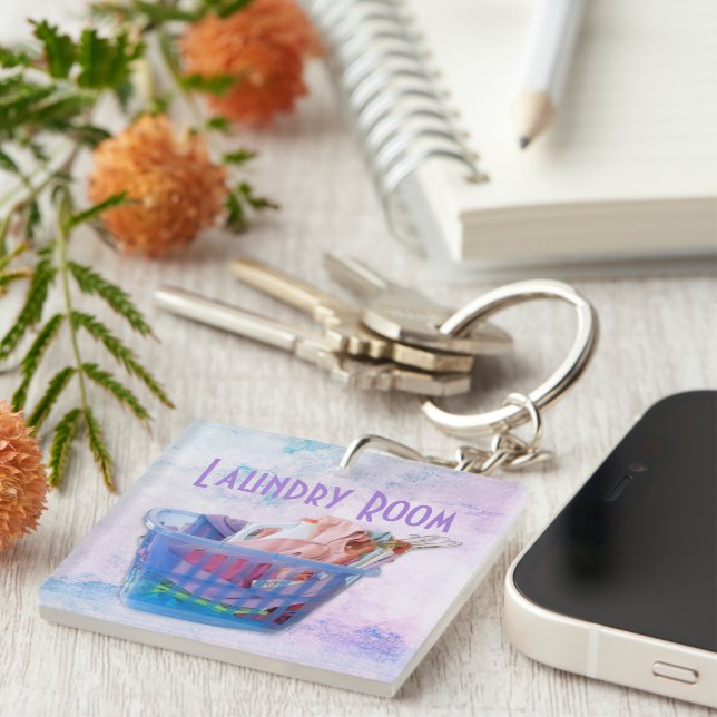 Colorful Folded Laundry On Hangers In Blue Basket  Keychain (Front Right)