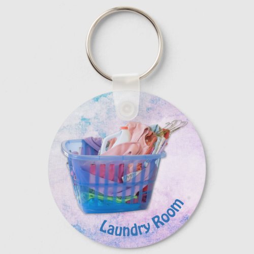 Colorful Folded Laundry On Hangers In Blue Basket  Keychain