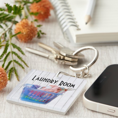 Colorful Folded Laundry On Hangers In Blue Basket  Keychain