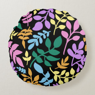 Colorful foliage in black background round pillow