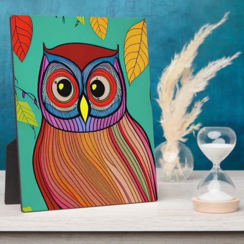 Colorful Folk Art Abstract Owl Plaque