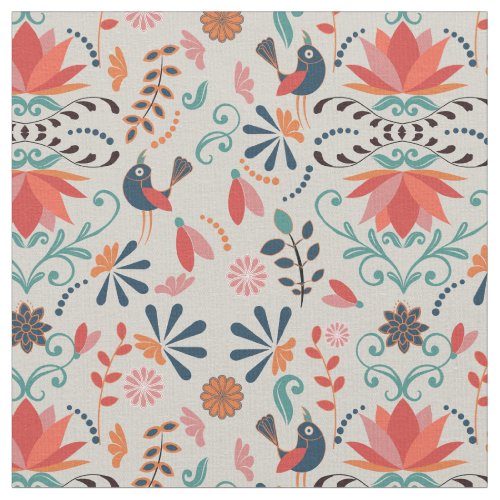 Colorful folk art bird flower pattern fabric