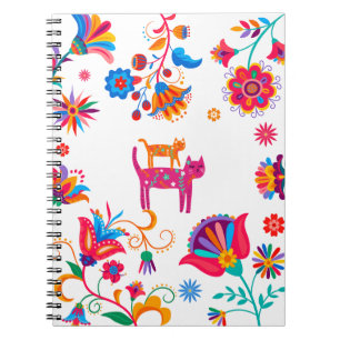 Colorful Folk Art Cats & Flowers Spiral Notebook