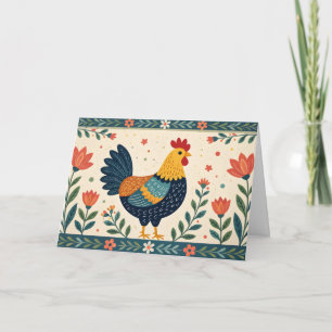Colorful Folk Art Chicken & Flower Border Birthday Card