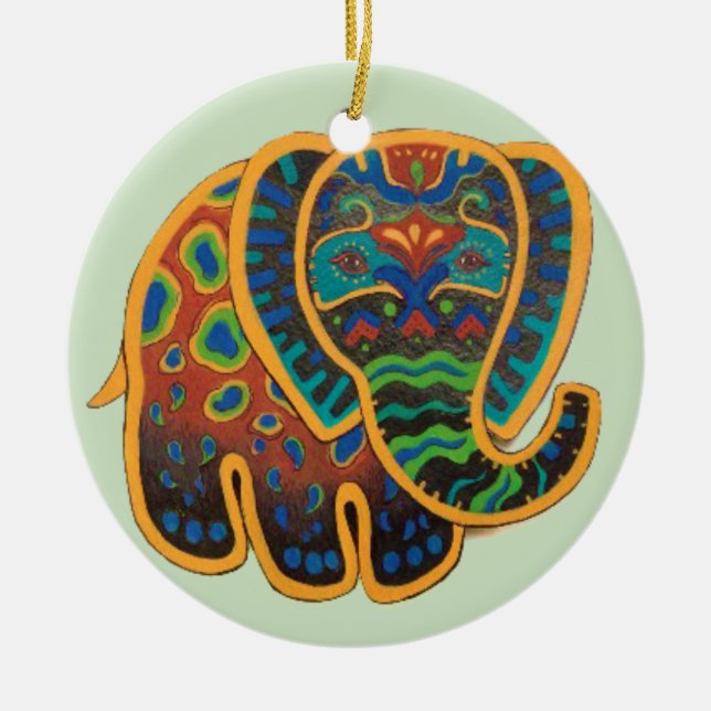 Colorful Folk Art Elephant Ornament (Front)