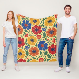 Colorful Folk Art Floral Pattern Fleece Blanket