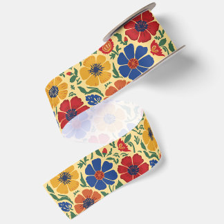 Colorful Folk Art Floral Pattern Satin Ribbon