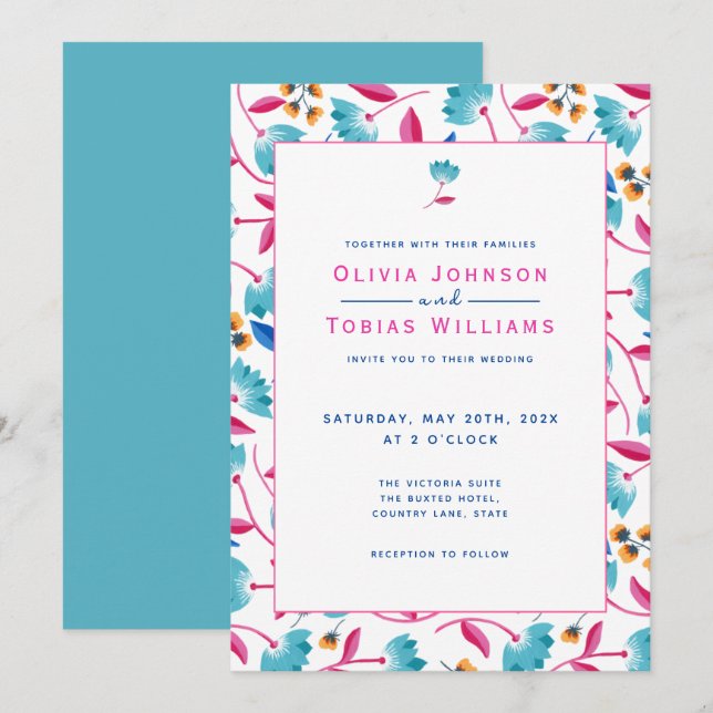 Colorful Folk Art Floral Summer Invitation (Front/Back)