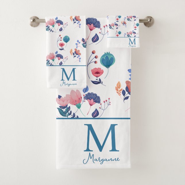 Colorful Folk Art Flowers Monogram Initial Bath Towel Set (Insitu)