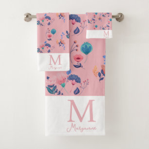 Colorful Folk Art Flowers Pink Monogram Initial Bath Towel Set