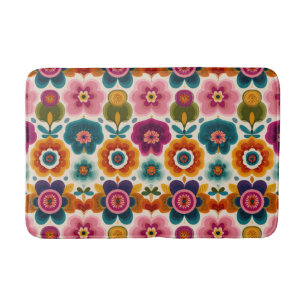 Colorful Folk Art Flowers Retro 70s Floral Pattern Bath Mat