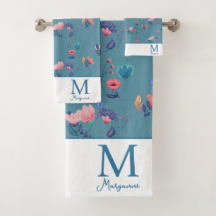 Colorful Folk Art Flowers Teal Monogram Initial Bath Towel Set