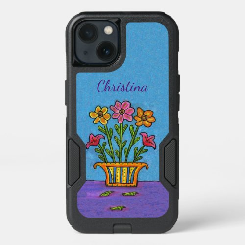 Colorful Folk Art Flowers Yellow Vase on Table iPhone 13 Case