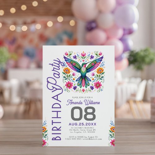 Colorful Folk Art Hummingbird Birthday Party Invitation