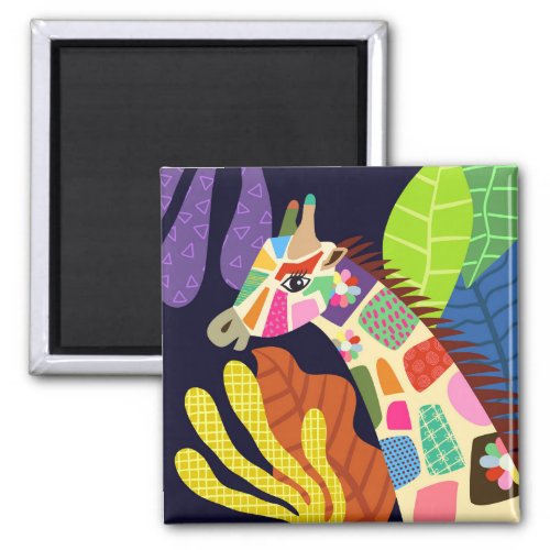 Colorful Folk Art Jungle Giraffe Animal Portrait Magnet
