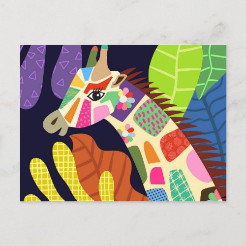 Colorful Folk Art Jungle Giraffe Animal Portrait Postcard