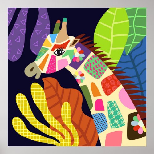Colorful Folk Art Jungle Giraffe Animal Portrait Poster