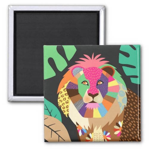 Colorful Folk Art Jungle Lion Animal Portrait Magnet