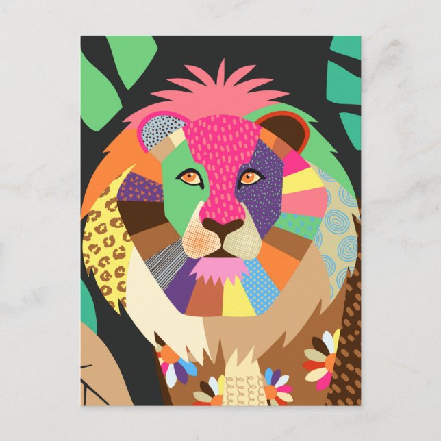 Colorful Folk Art Jungle Lion Animal Portrait Postcard (Front)