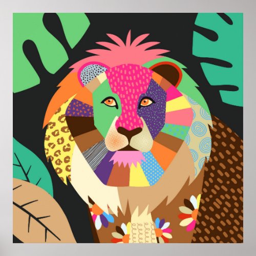 Colorful Folk Art Jungle Lion Animal Portrait Poster
