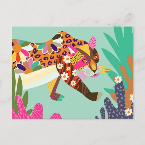Colorful Folk Art Leopard Animal Portrait Postcard