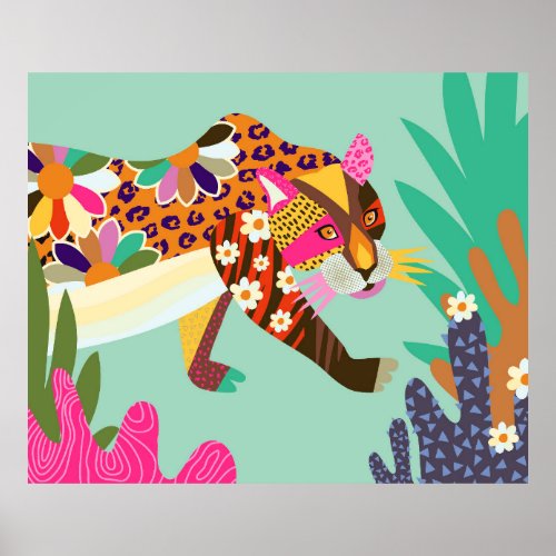 Colorful Folk Art Leopard Animal Portrait Poster