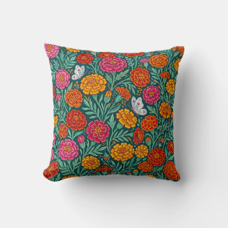 Colorful Folk Art Marigolds Throw Pillow
