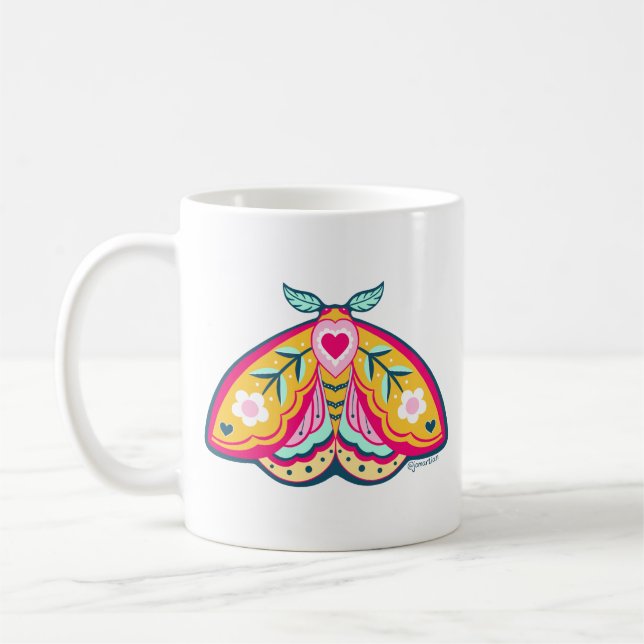Colorful folk art moth design coffee mug (Left)