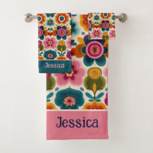 Colorful Folk Art Retro 70s Floral Pattern Name Bath Towel Set