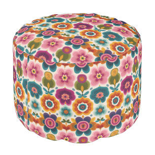 Colorful Folk Art Retro Bohemian Floral Pattern Pouf