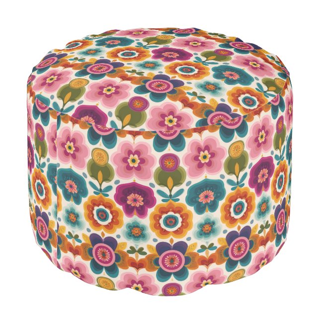 Colorful Folk Art Retro Bohemian Floral Pattern  Pouf (Angled Back)