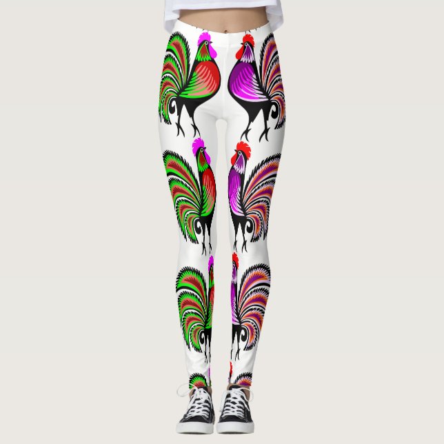 Colorful Folk Art Roosters Leggings (Front)