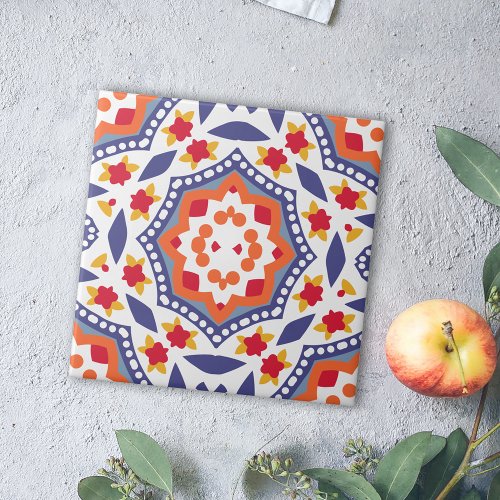 Colorful Folk Art Rustic Floral Mosaic Geometric Ceramic Tile